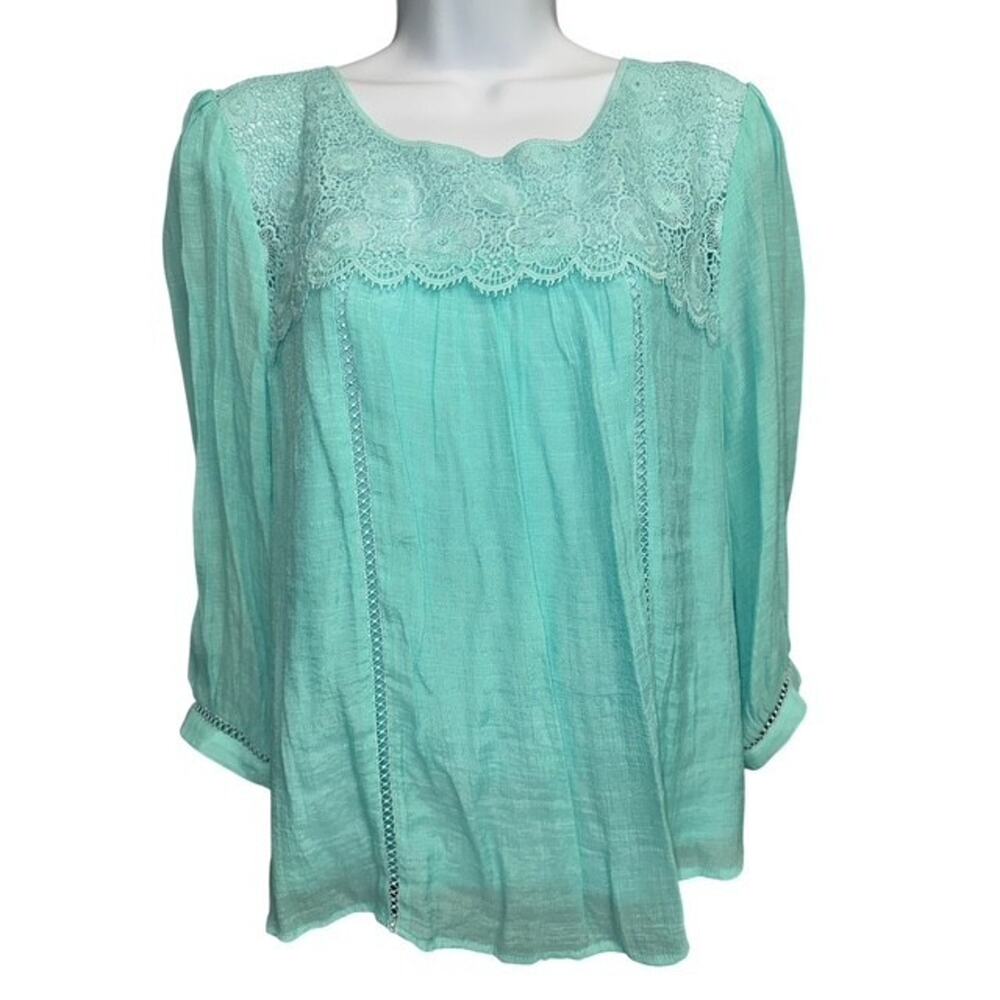 Figueroa & Flower PL Top Peasant Aqua Blue Sheer Lined Floral Crochet 3/4 Sleeve